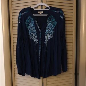 dressbarn Navy Button-Front Shirt with Teal Floral Embroidery